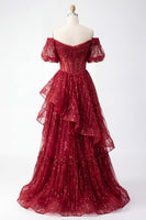 Laden Sie das Bild in den Galerie-Viewer, Puffärmel Korsett A Linie Glitzerndes Bordeaux Lang Perlenstickerei Ballkleid mit Rüschen