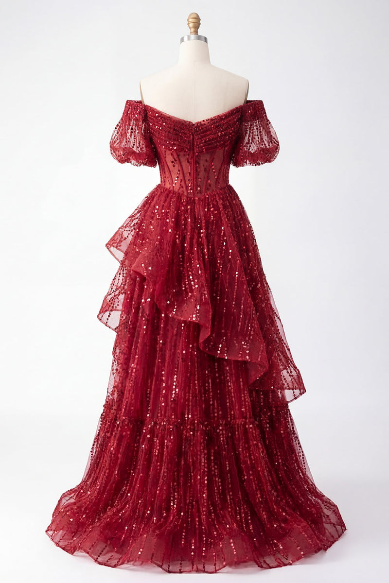 Laden Sie das Bild in den Galerie-Viewer, Puffärmel Korsett A Linie Glitzerndes Bordeaux Lang Perlenstickerei Ballkleid mit Rüschen