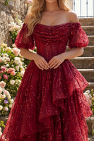 Laden Sie das Bild in den Galerie-Viewer, Puffärmel Korsett A Linie Glitzerndes Bordeaux Lang Perlenstickerei Ballkleid mit Rüschen