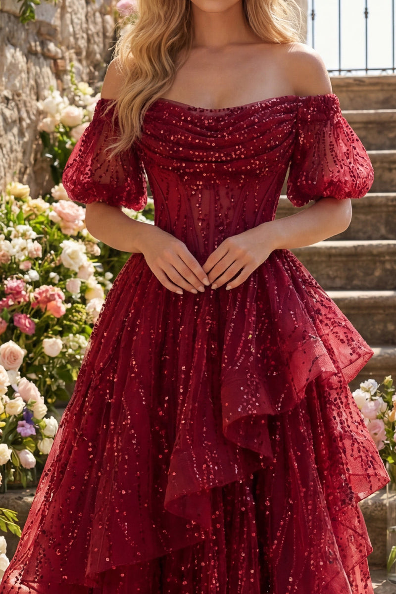 Laden Sie das Bild in den Galerie-Viewer, Puffärmel Korsett A Linie Glitzerndes Bordeaux Lang Perlenstickerei Ballkleid mit Rüschen