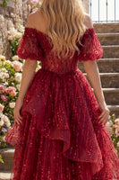 Laden Sie das Bild in den Galerie-Viewer, Puffärmel Korsett A Linie Glitzerndes Bordeaux Lang Perlenstickerei Ballkleid mit Rüschen