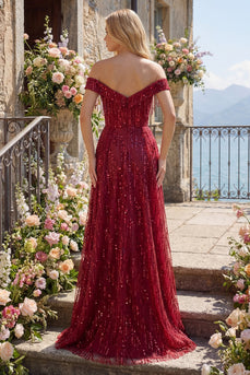 Schulterfrei A Linie Glitzerndes Bordeaux Lang Perlenstickerei Ballkleid mit Fransen