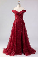 Laden Sie das Bild in den Galerie-Viewer, Schulterfrei A Linie Glitzerndes Bordeaux Lang Perlenstickerei Ballkleid mit Fransen
