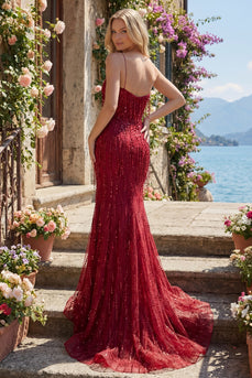 Meerjungfrau Glitzerndes Bordeaux Lang Perlenstickerei Ballkleid mit Schlitz