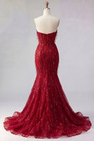 Laden Sie das Bild in den Galerie-Viewer, Meerjungfrau Glitzerndes Bordeaux Lang Perlenstickerei Ballkleid mit Schlitz