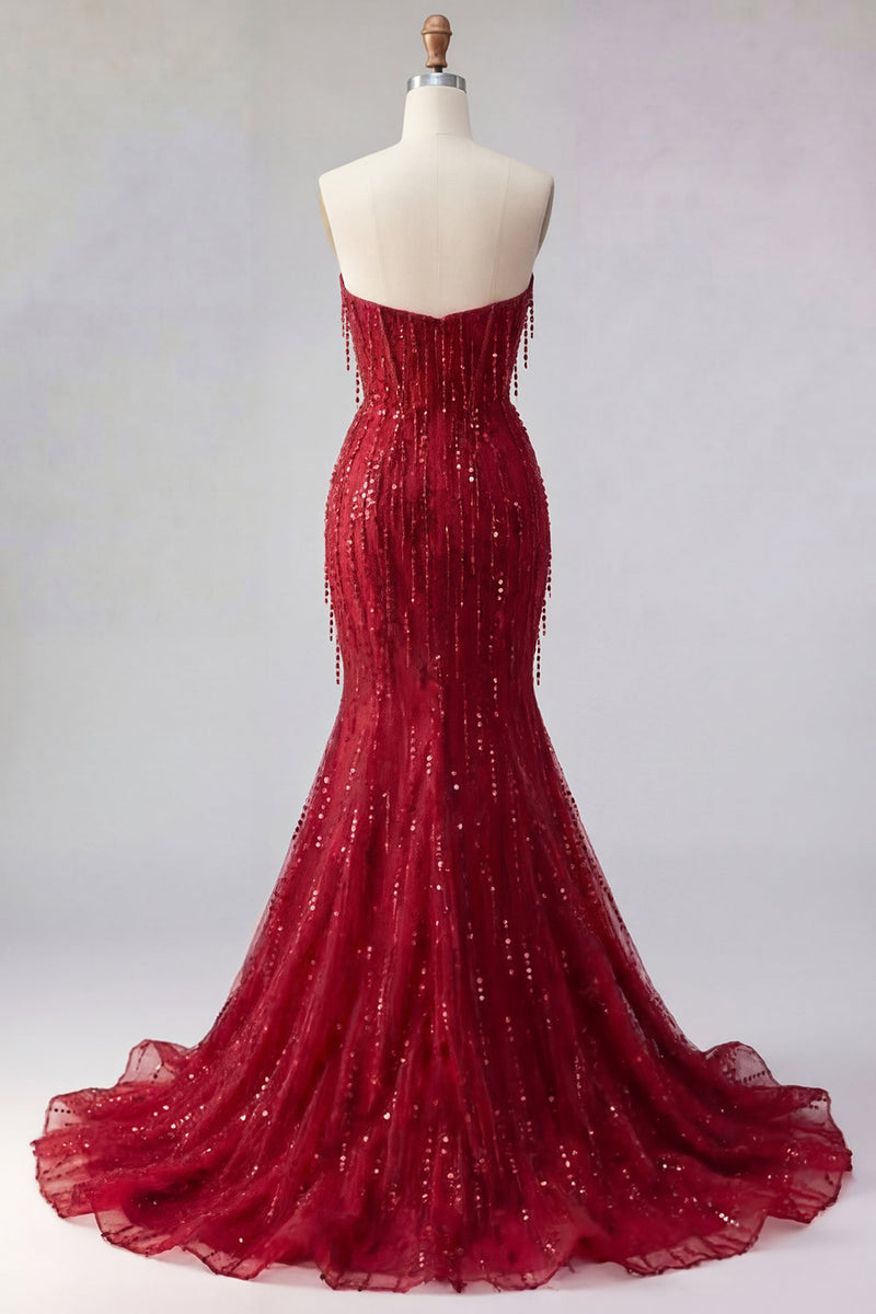 Laden Sie das Bild in den Galerie-Viewer, Meerjungfrau Glitzerndes Bordeaux Lang Perlenstickerei Ballkleid mit Schlitz