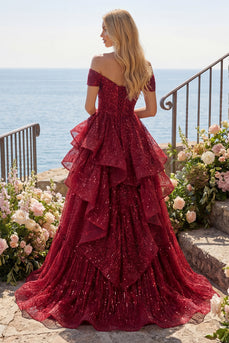 A Linie Glitzerndes Bordeaux Schulterfrei Lang Paillette Ballkleid mit Rüschen