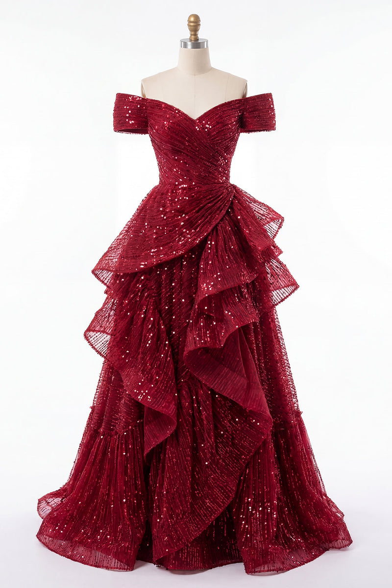 Laden Sie das Bild in den Galerie-Viewer, A Linie Glitzerndes Bordeaux Schulterfrei Lang Paillette Ballkleid mit Rüschen