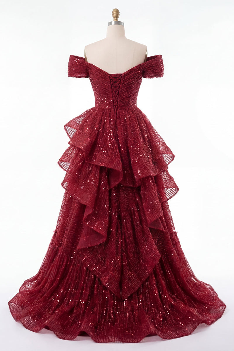 Laden Sie das Bild in den Galerie-Viewer, A Linie Glitzerndes Bordeaux Schulterfrei Lang Paillette Ballkleid mit Rüschen