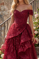 Laden Sie das Bild in den Galerie-Viewer, A Linie Glitzerndes Bordeaux Schulterfrei Lang Paillette Ballkleid mit Rüschen
