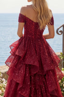 Laden Sie das Bild in den Galerie-Viewer, A Linie Glitzerndes Bordeaux Schulterfrei Lang Paillette Ballkleid mit Rüschen