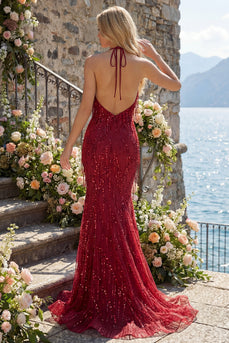 Halfter Rückenfrei Meerjungfrau Glitzerndes Bordeaux Lang Perlenstickerei Ballkleid mit Fransen