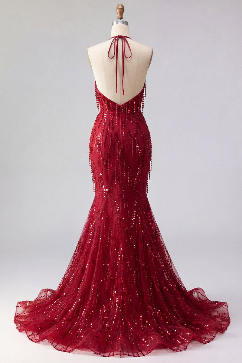 Laden Sie das Bild in den Galerie-Viewer, Halfter Rückenfrei Meerjungfrau Glitzerndes Bordeaux Lang Perlenstickerei Ballkleid mit Fransen