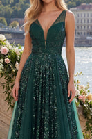 Laden Sie das Bild in den Galerie-Viewer, V-Ausschnitt Gerafft A Linie Glitzerndes Dunkelgrün Lang Paillette Ballkleid