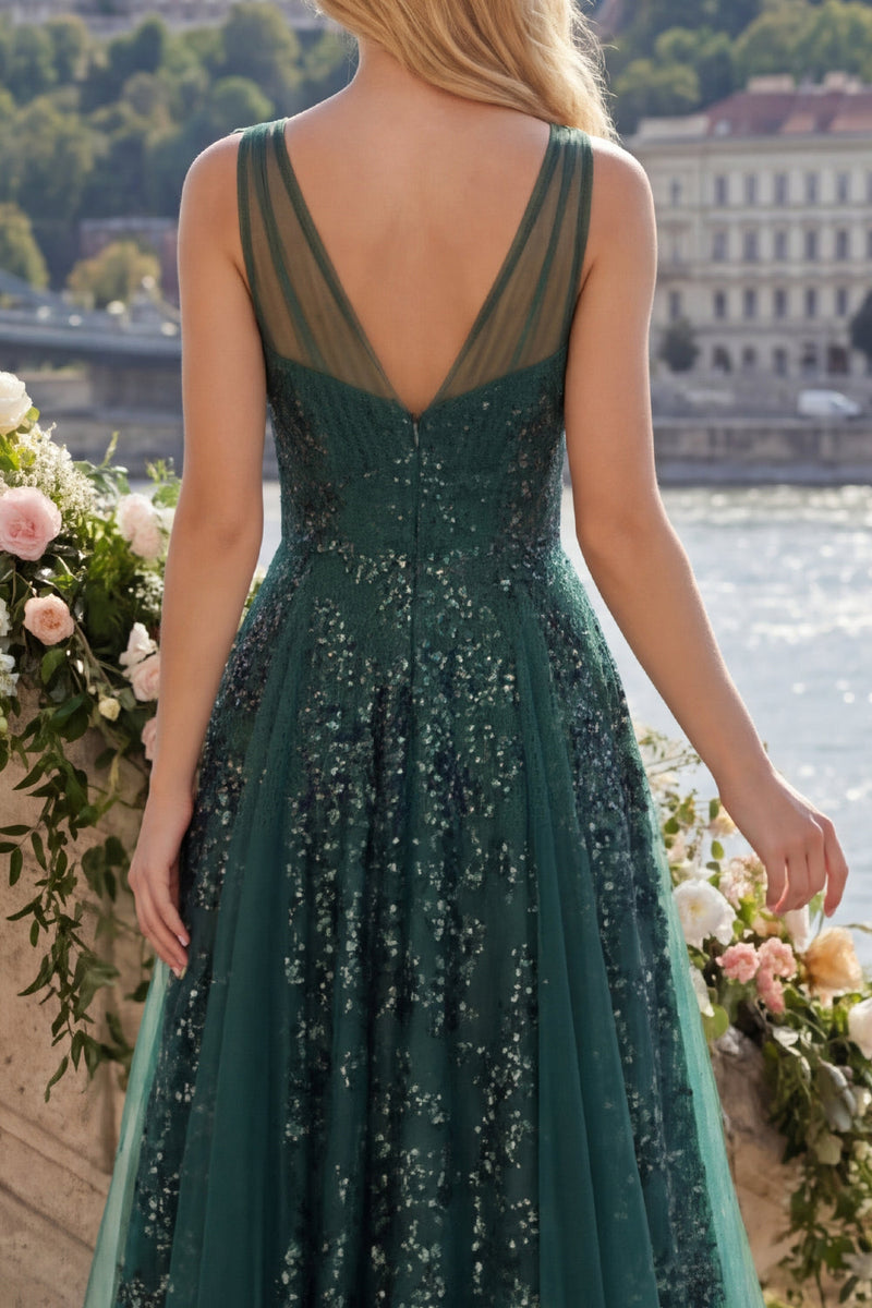 Laden Sie das Bild in den Galerie-Viewer, V-Ausschnitt Gerafft A Linie Glitzerndes Dunkelgrün Lang Paillette Ballkleid
