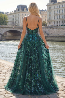 Korsett A Linie Glitzerndes Dunkelgrün Hoch Niedrig Paillette Ballkleid mit Rüschen