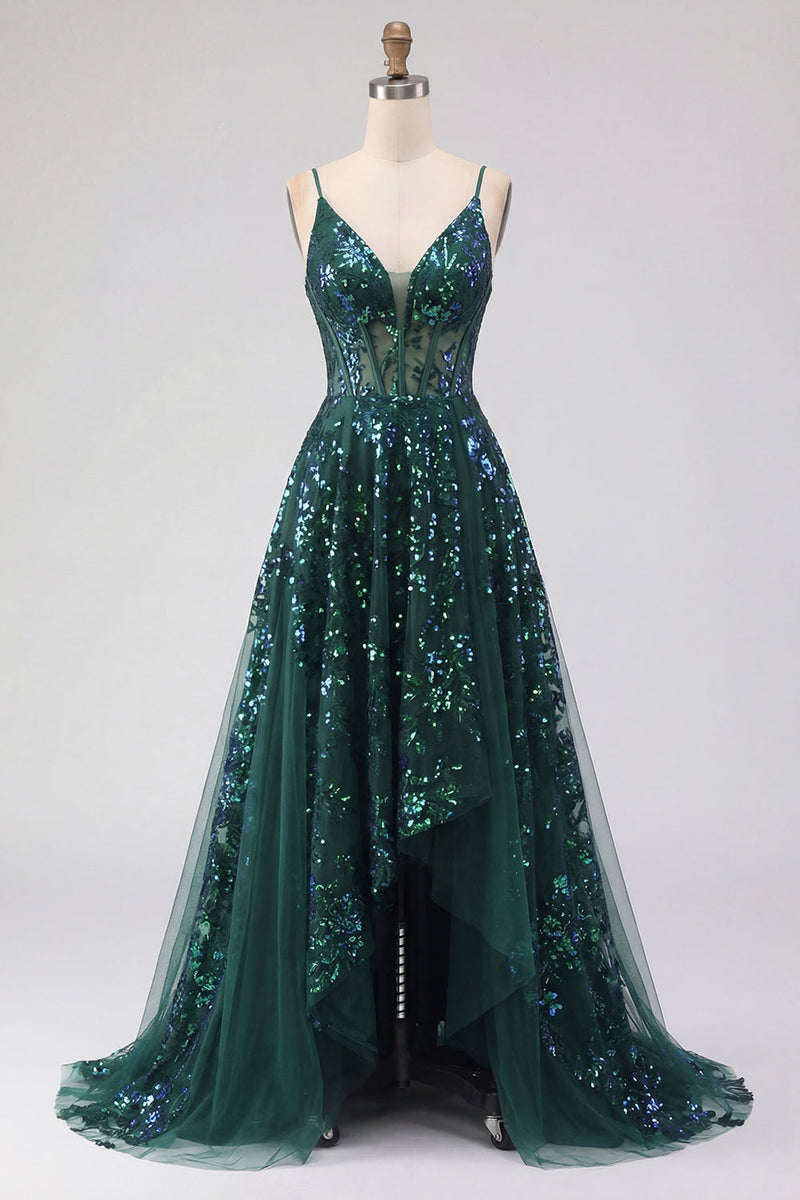 Laden Sie das Bild in den Galerie-Viewer, Korsett A Linie Glitzerndes Dunkelgrün Hoch Niedrig Paillette Ballkleid mit Rüschen