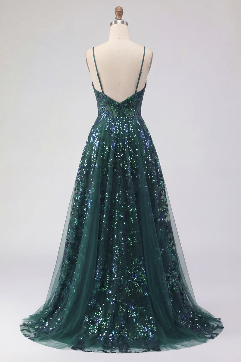 Laden Sie das Bild in den Galerie-Viewer, Korsett A Linie Glitzerndes Dunkelgrün Hoch Niedrig Paillette Ballkleid mit Rüschen
