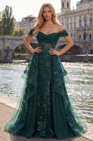 Laden Sie das Bild in den Galerie-Viewer, Glitzerndes Dunkelgrün Korsett A Linie Lang Paillette Ballkleid mit Rüschen