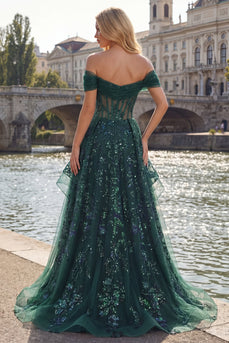 Glitzerndes Dunkelgrün Korsett A Linie Lang Paillette Ballkleid mit Rüschen