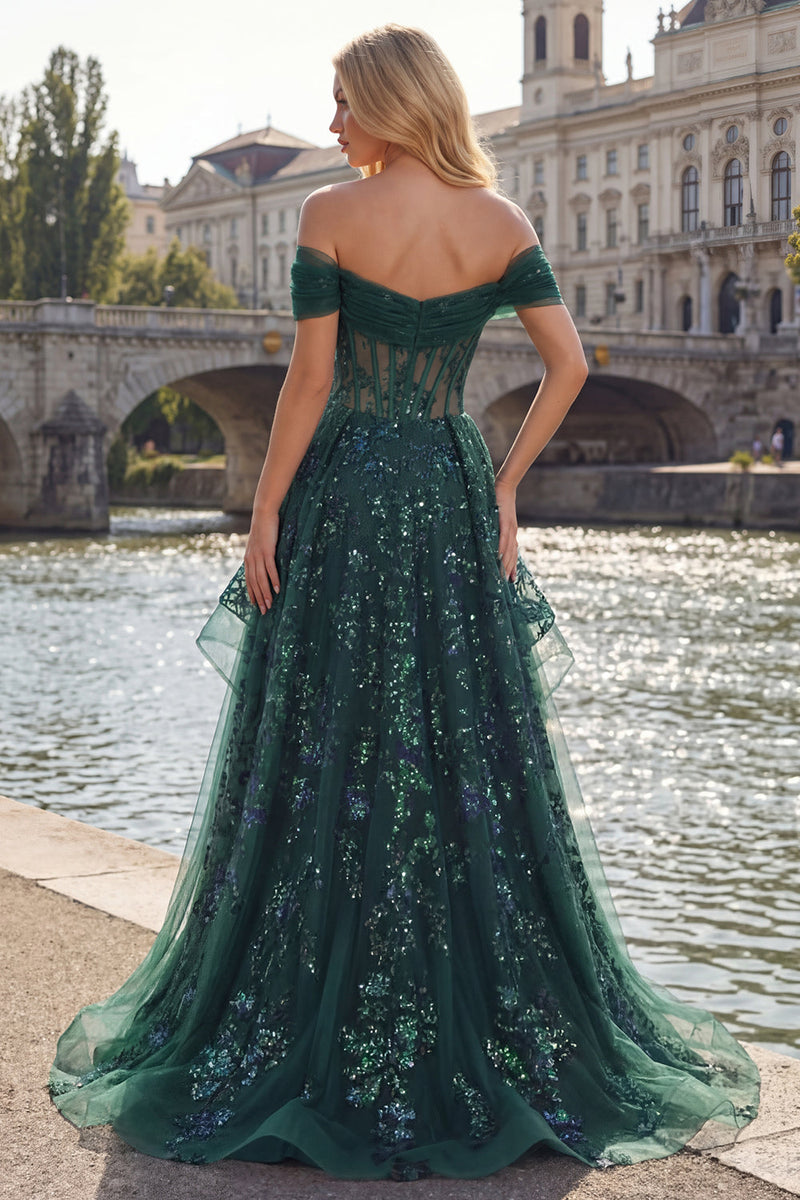 Laden Sie das Bild in den Galerie-Viewer, Glitzerndes Dunkelgrün Korsett A Linie Lang Paillette Ballkleid mit Rüschen