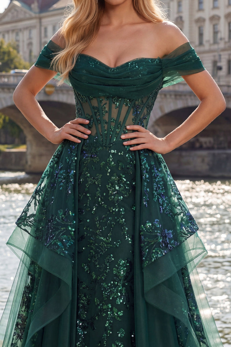 Laden Sie das Bild in den Galerie-Viewer, Glitzerndes Dunkelgrün Korsett A Linie Lang Paillette Ballkleid mit Rüschen