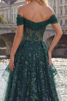 Laden Sie das Bild in den Galerie-Viewer, Glitzerndes Dunkelgrün Korsett A Linie Lang Paillette Ballkleid mit Rüschen