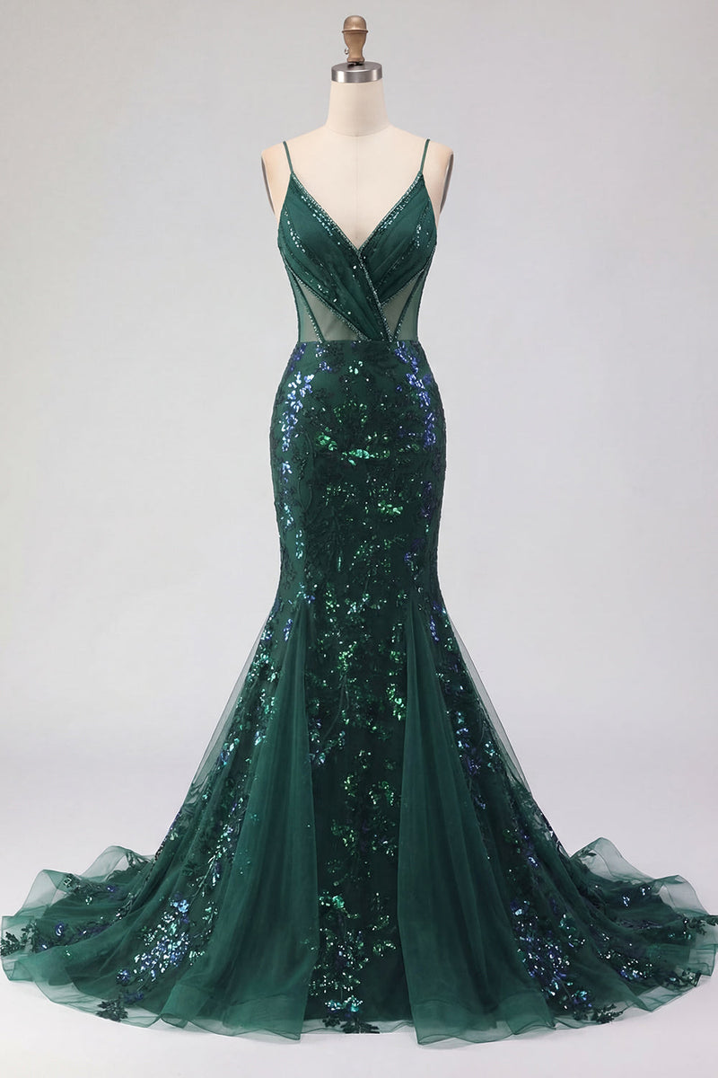 Laden Sie das Bild in den Galerie-Viewer, Meerjungfrau Spaghettiträger Glitzerndes Dunkelgrün Lang Perlenstickerei Ballkleid