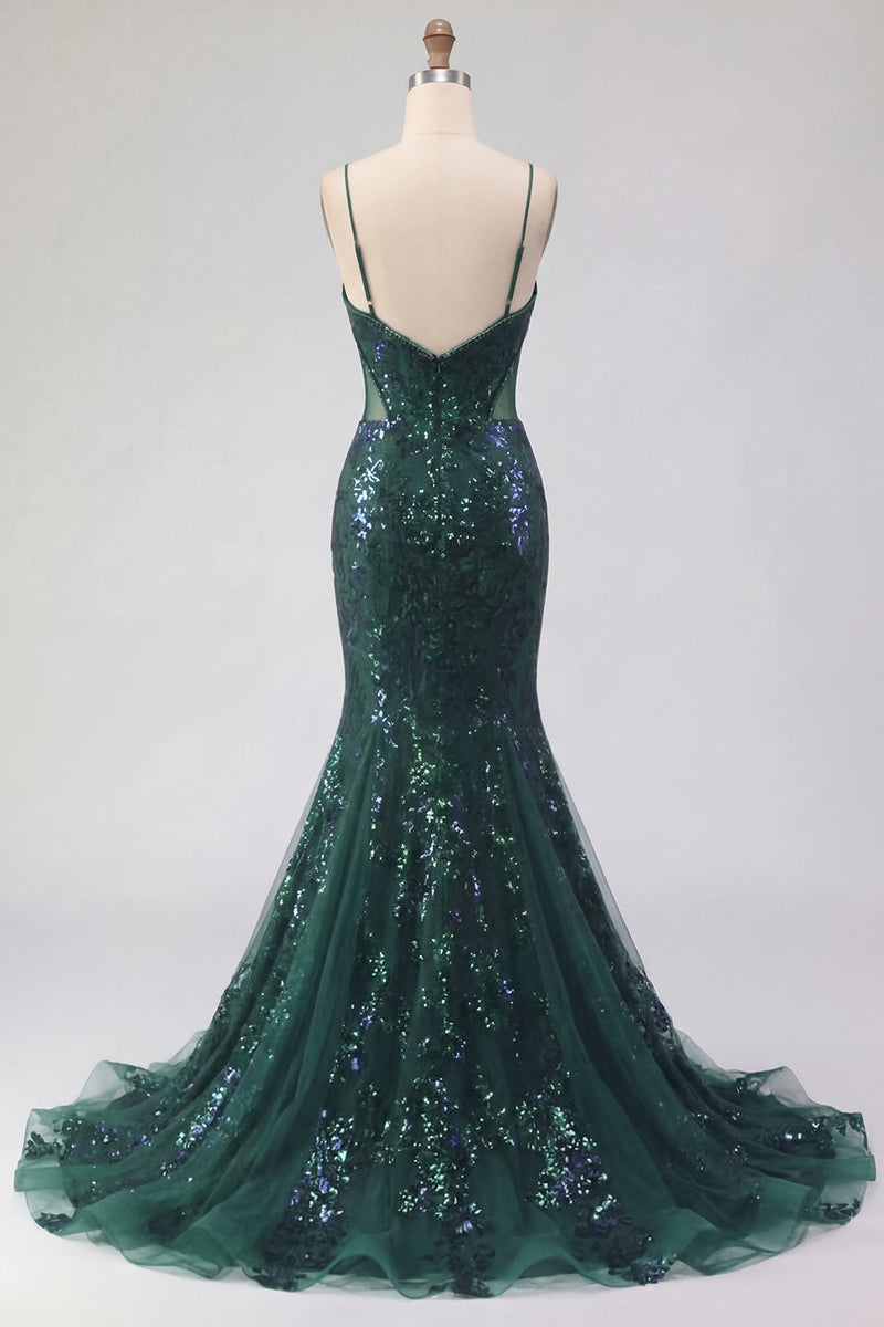Laden Sie das Bild in den Galerie-Viewer, Meerjungfrau Spaghettiträger Glitzerndes Dunkelgrün Lang Perlenstickerei Ballkleid