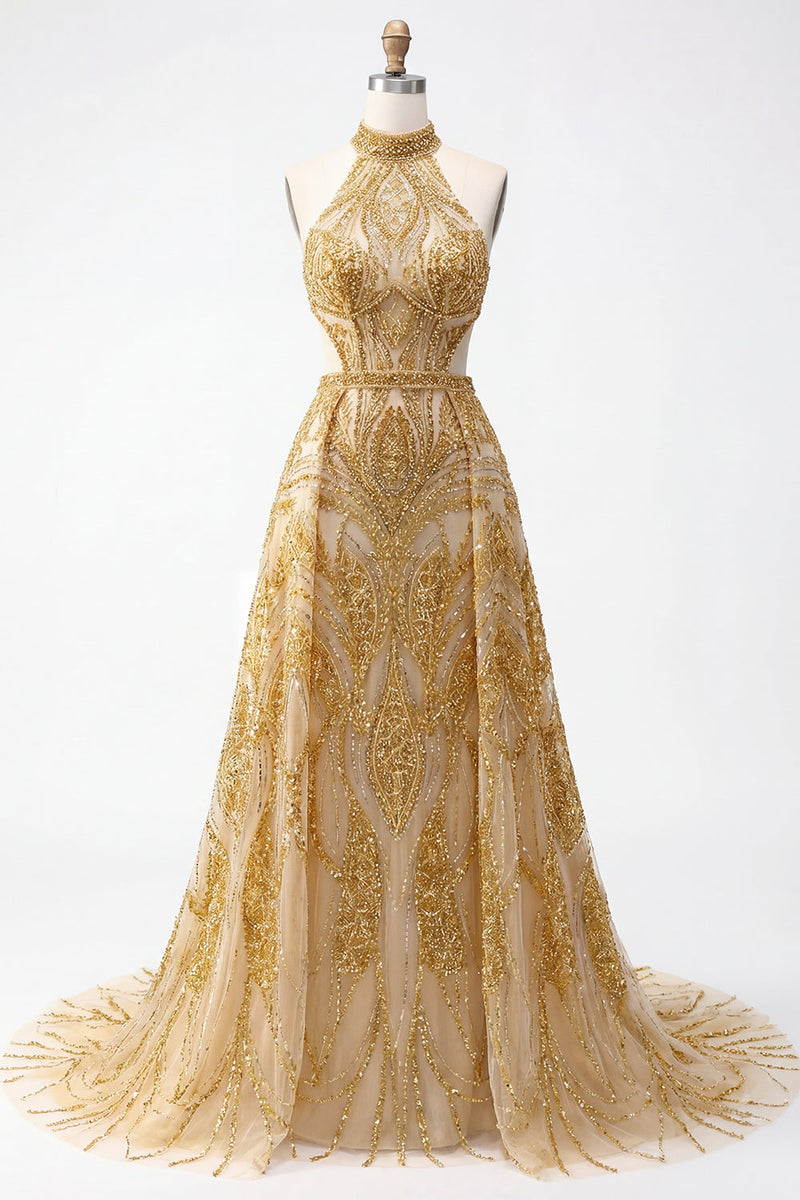 Laden Sie das Bild in den Galerie-Viewer, Hoher Kragen A Linie Glitzerndes Golden Lang Perlenstickerei Ballkleid mit Cape