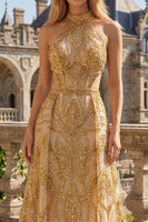 Laden Sie das Bild in den Galerie-Viewer, Hoher Kragen A Linie Glitzerndes Golden Lang Perlenstickerei Ballkleid mit Cape