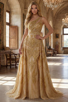Laden Sie das Bild in den Galerie-Viewer, Ein Schulter Gerafft A Linie Glitzerndes Golden Lang Perlenstickerei Ballkleid mit Cape