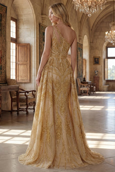 Ein Schulter Gerafft A Linie Glitzerndes Golden Lang Perlenstickerei Ballkleid mit Cape