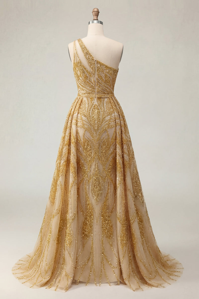 Laden Sie das Bild in den Galerie-Viewer, Ein Schulter Gerafft A Linie Glitzerndes Golden Lang Perlenstickerei Ballkleid mit Cape