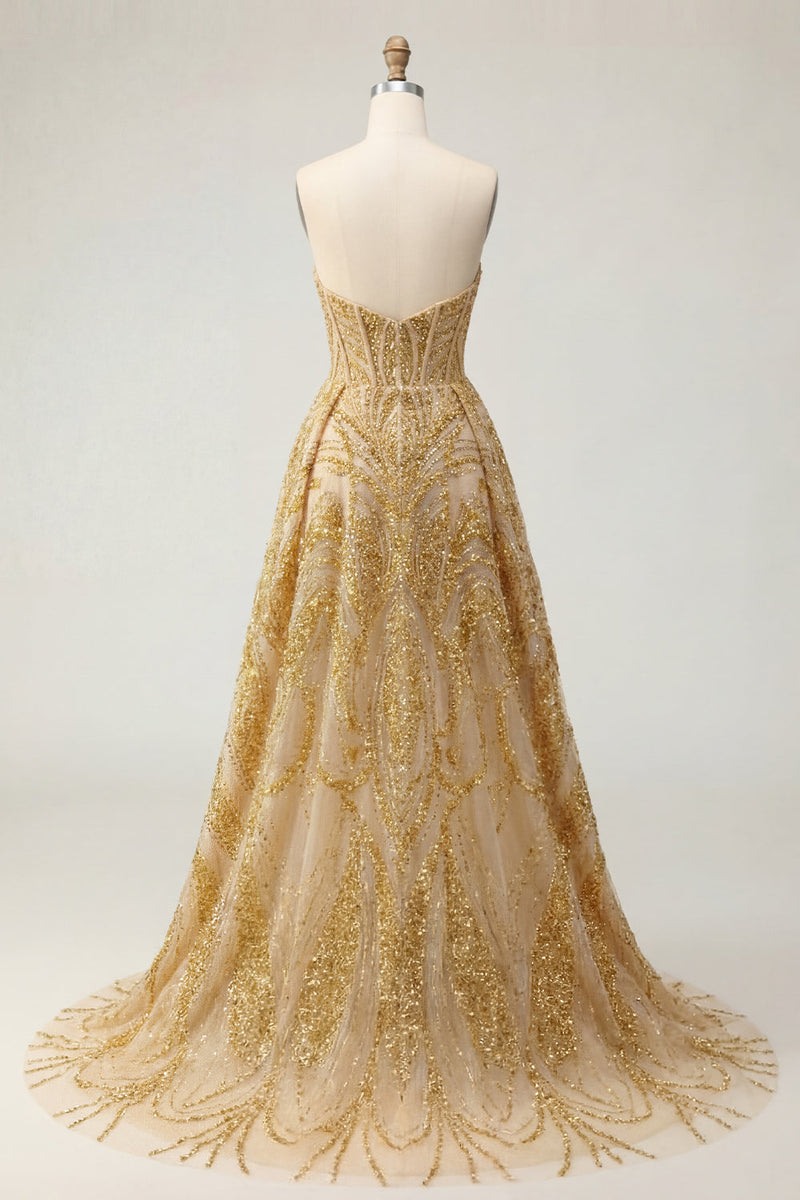 Laden Sie das Bild in den Galerie-Viewer, Korsett A Linie Glitzerndes Golden Hoch Niedrig Perlenstickerei Ballkleid mit Cape