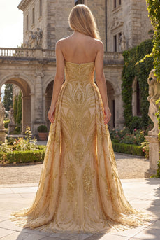 Gerafft Trägerlos Meerjungfrau Glitzerndes Golden Lang Perlenstickerei Ballkleid mit Cape