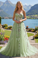Laden Sie das Bild in den Galerie-Viewer, Trägerlos Korsett Grün Lang A Linie Blumen Perlenstickerei Ballkleid