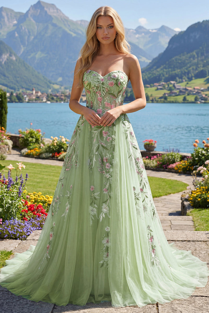 Laden Sie das Bild in den Galerie-Viewer, Trägerlos Korsett Grün Lang A Linie Blumen Perlenstickerei Ballkleid