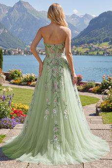 Trägerlos Korsett Grün Lang A Linie Blumen Perlenstickerei Ballkleid
