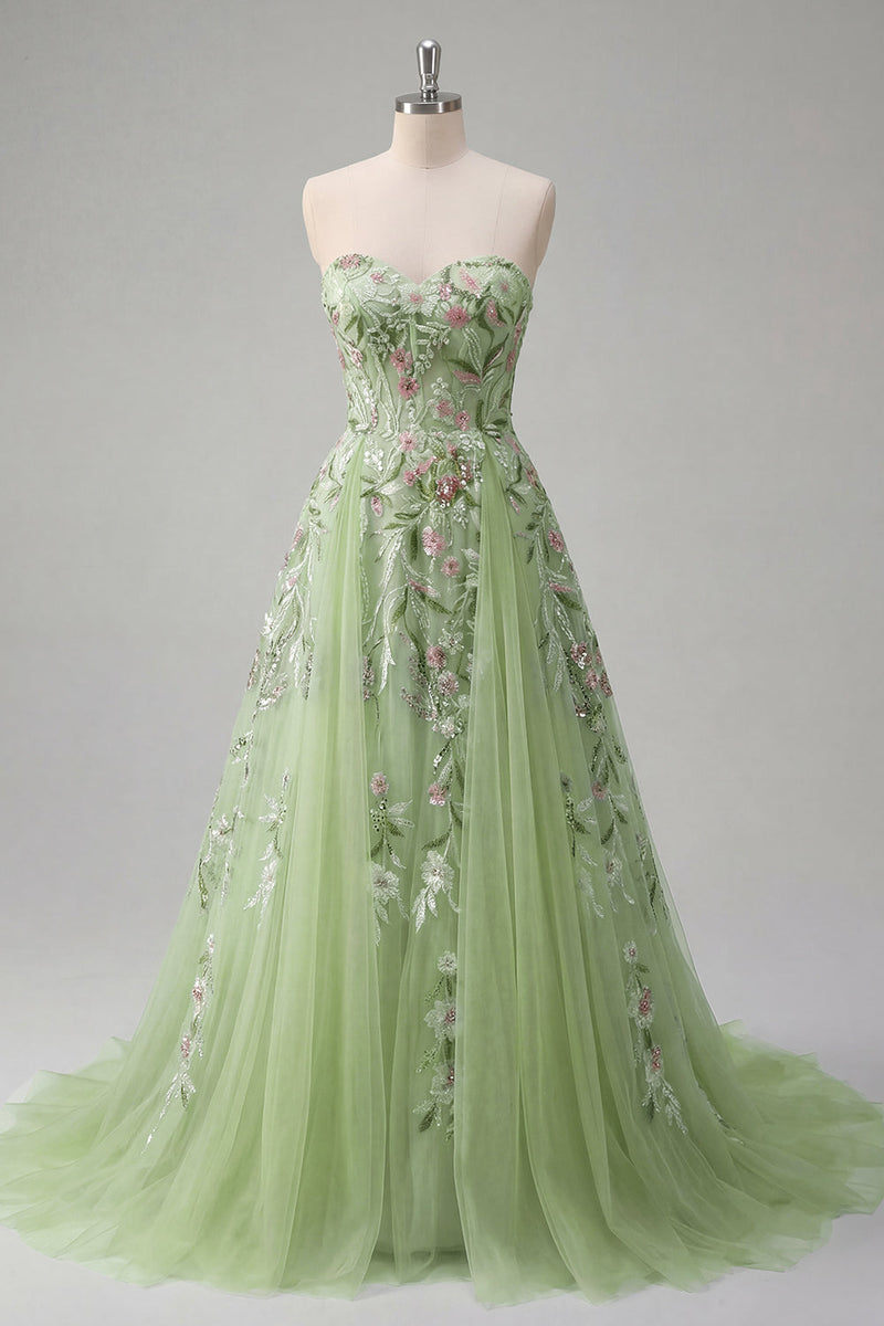 Laden Sie das Bild in den Galerie-Viewer, Trägerlos Korsett Grün Lang A Linie Blumen Perlenstickerei Ballkleid