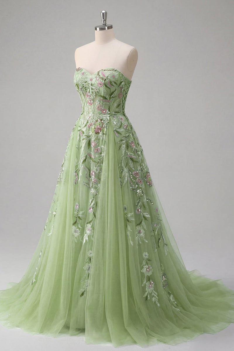 Laden Sie das Bild in den Galerie-Viewer, Trägerlos Korsett Grün Lang A Linie Blumen Perlenstickerei Ballkleid