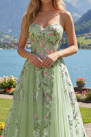 Laden Sie das Bild in den Galerie-Viewer, Trägerlos Korsett Grün Lang A Linie Blumen Perlenstickerei Ballkleid