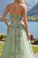 Laden Sie das Bild in den Galerie-Viewer, Trägerlos Korsett Grün Lang A Linie Blumen Perlenstickerei Ballkleid