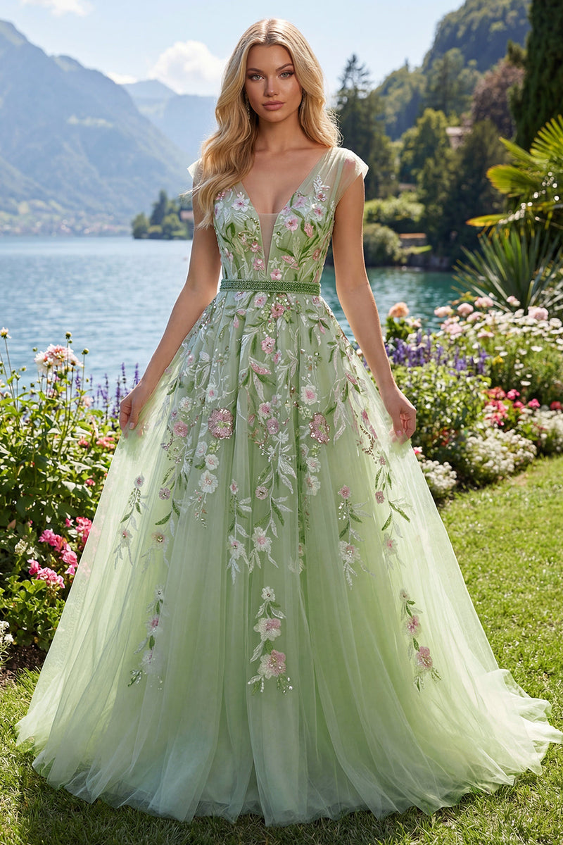 Laden Sie das Bild in den Galerie-Viewer, V-Ausschnitt Grün Lang A Linie Blumen Ballkleid mit Perlenstickerei