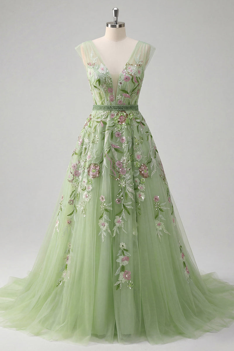 Laden Sie das Bild in den Galerie-Viewer, V-Ausschnitt Grün Lang A Linie Blumen Ballkleid mit Perlenstickerei