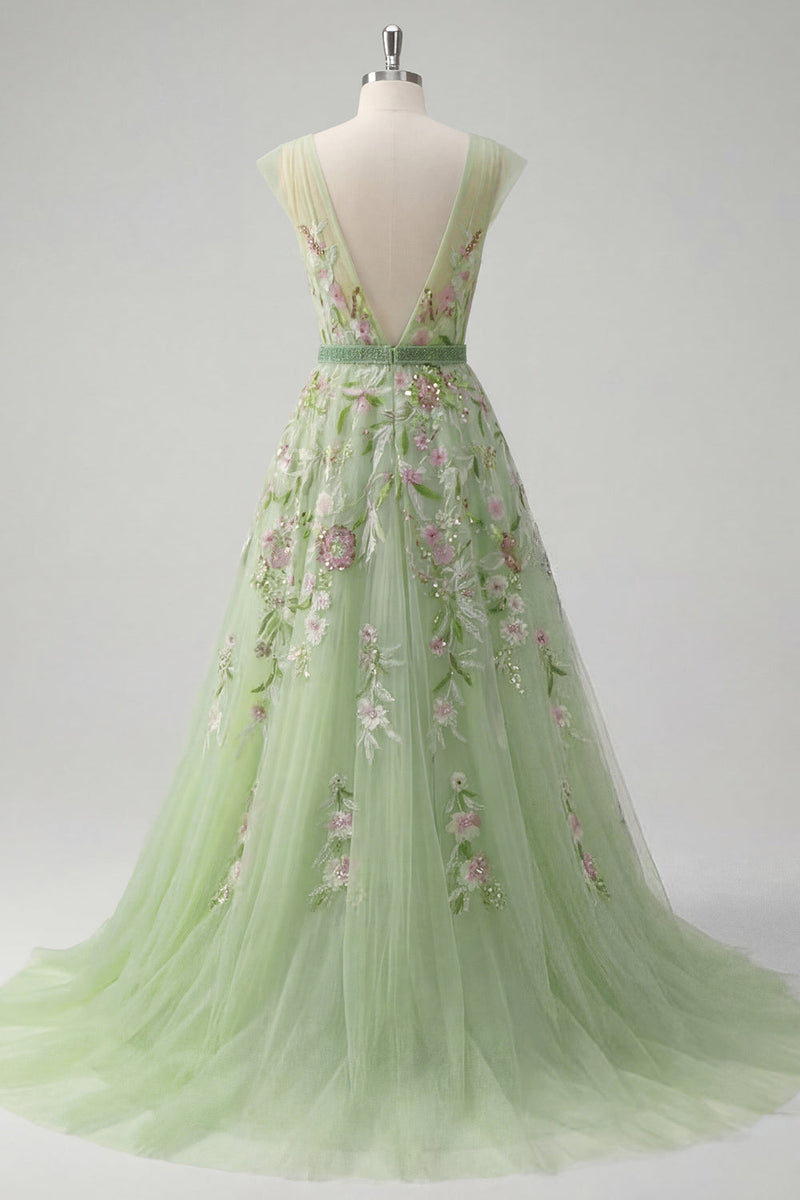Laden Sie das Bild in den Galerie-Viewer, V-Ausschnitt Grün Lang A Linie Blumen Ballkleid mit Perlenstickerei