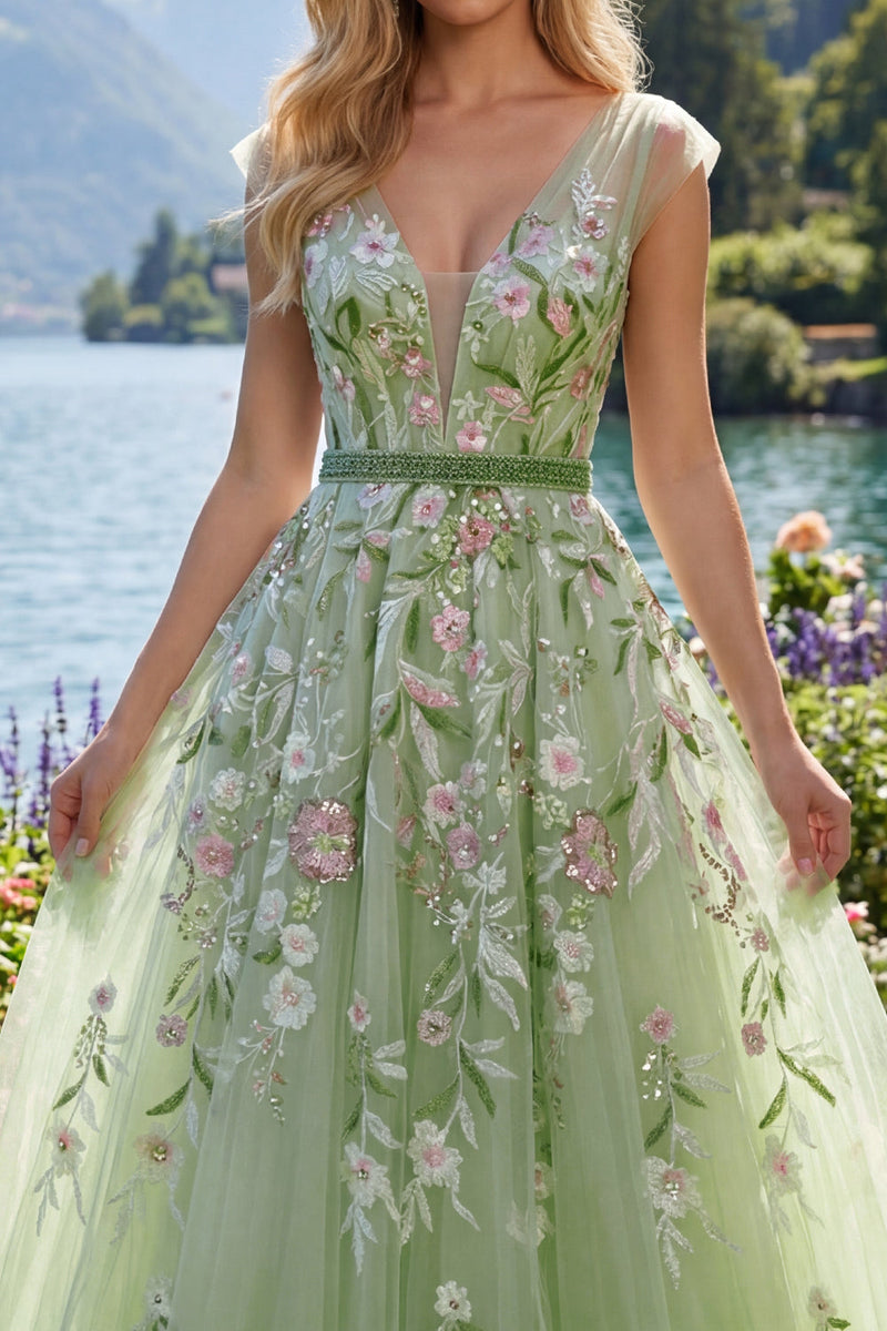 Laden Sie das Bild in den Galerie-Viewer, V-Ausschnitt Grün Lang A Linie Blumen Ballkleid mit Perlenstickerei