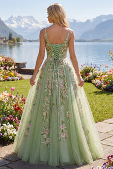 Blumen Gerafft V-Ausschnitt Grün Lang A Linie Ballkleid mit Perlenstickerei