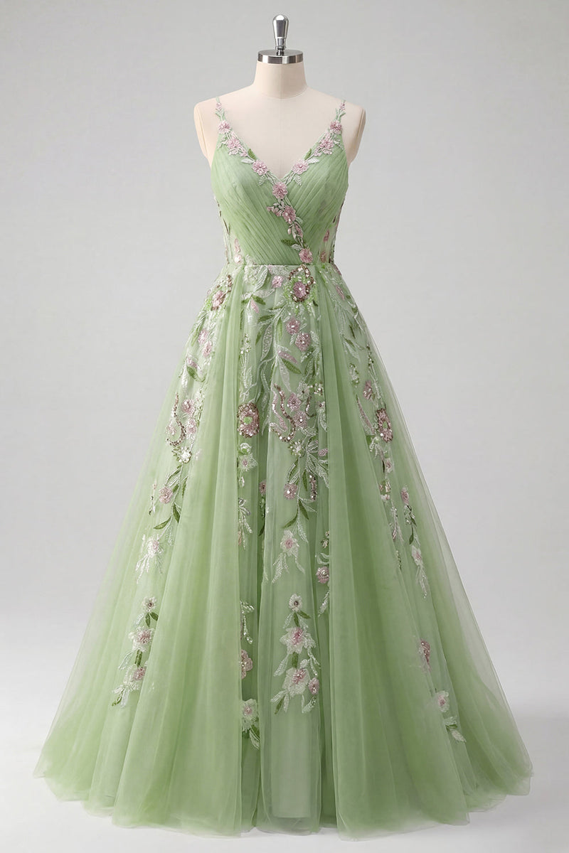 Laden Sie das Bild in den Galerie-Viewer, Blumen Gerafft V-Ausschnitt Grün Lang A Linie Ballkleid mit Perlenstickerei