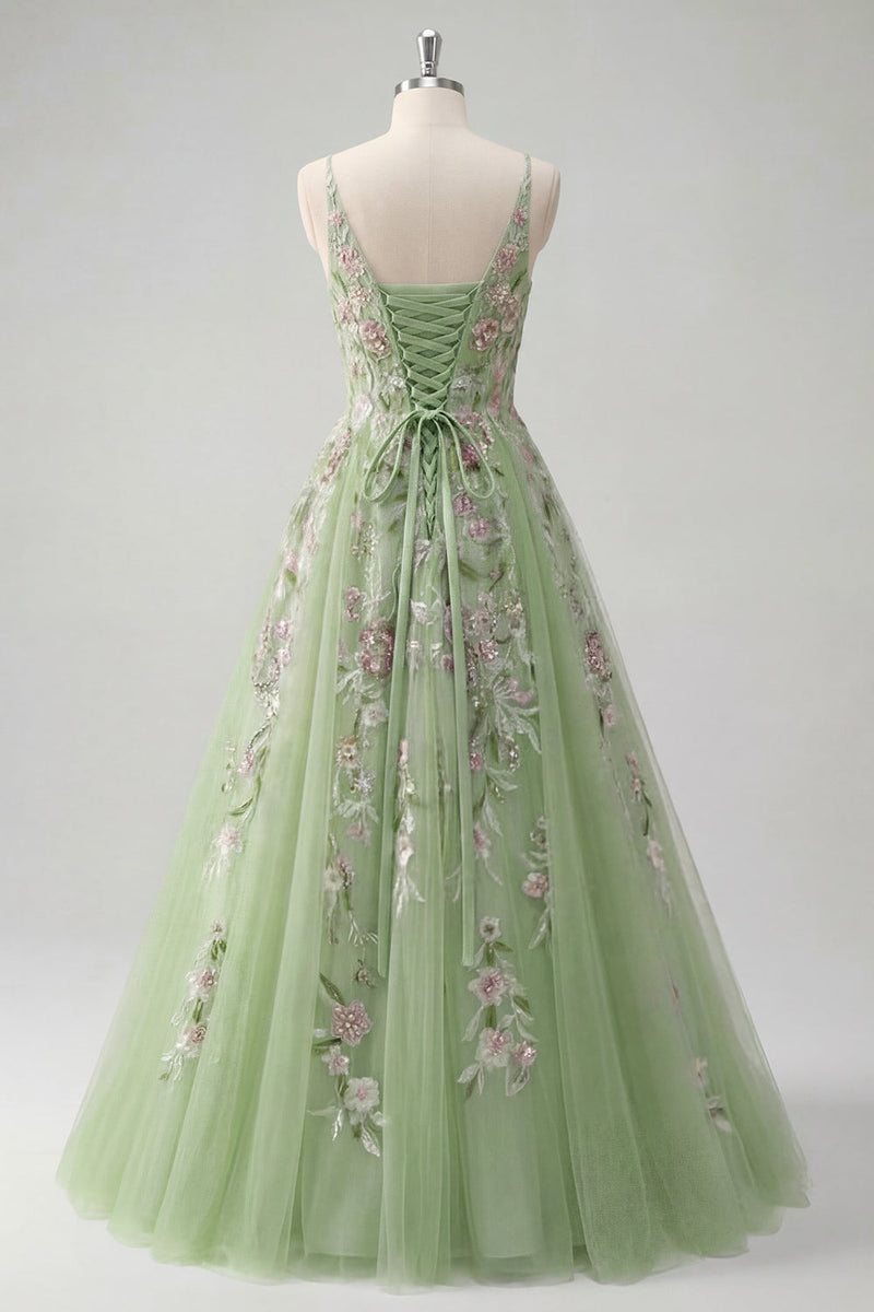 Laden Sie das Bild in den Galerie-Viewer, Blumen Gerafft V-Ausschnitt Grün Lang A Linie Ballkleid mit Perlenstickerei